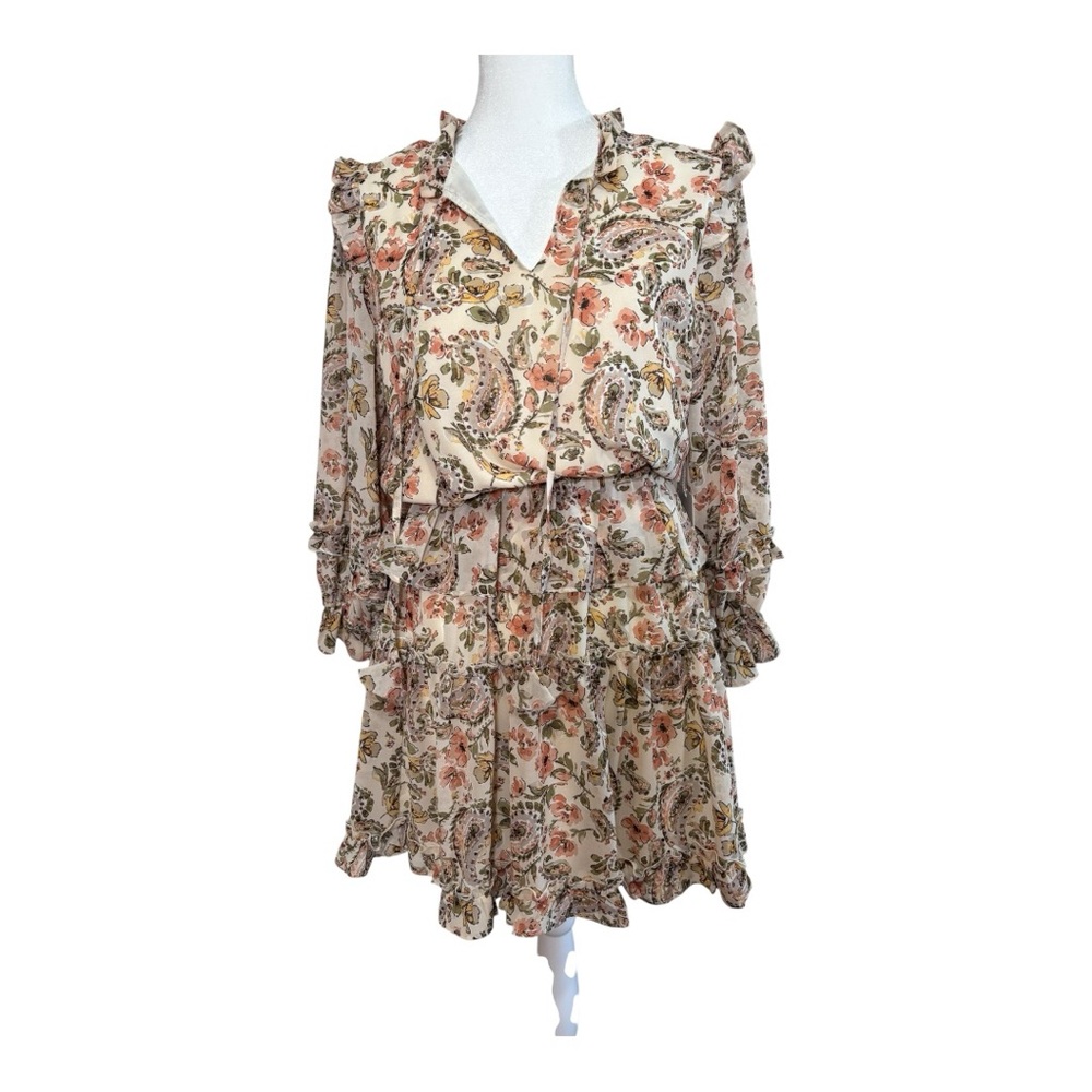 Fate Paisley Print Long Sleeve Dress - Cream and Pink